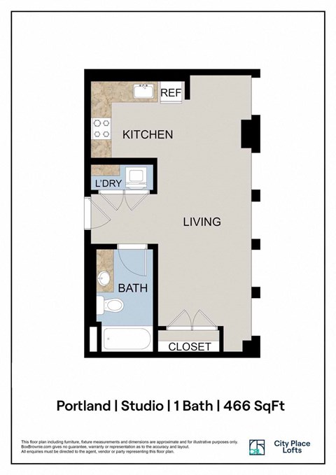 A floor plan for a studio apartment in Portland, showing the locations of the kitchen, bath, living room, and closet.